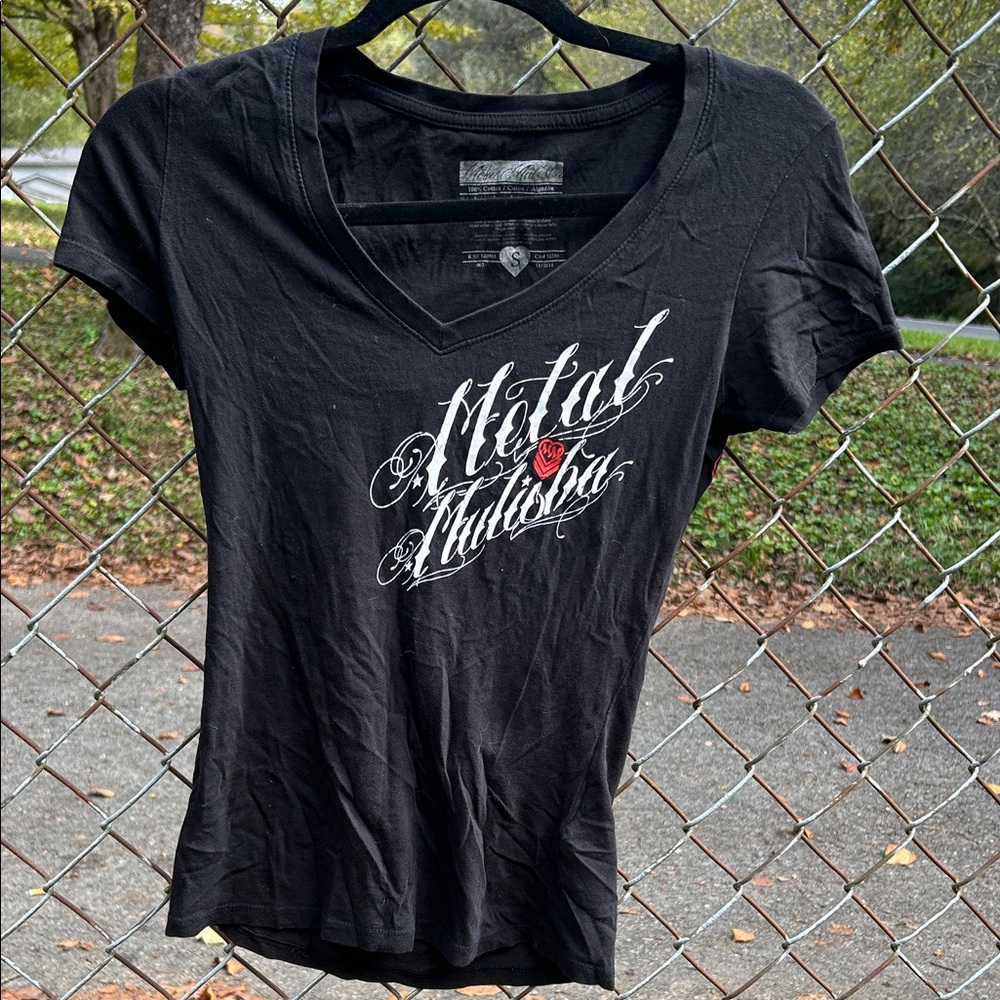 Metal Mulisha Black V-Neck Tee with White and Red Graphic